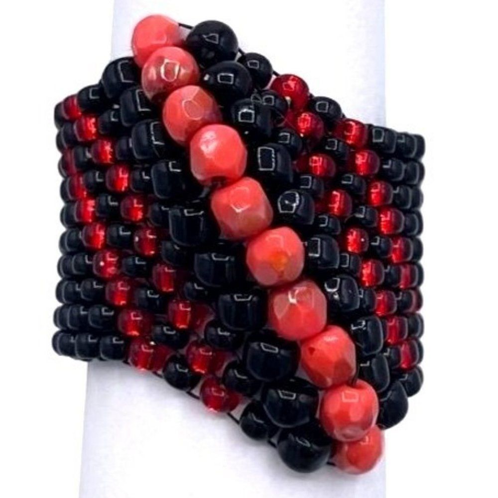 Black with Red Crystal Cellini Spiral Statement Ring Size 7